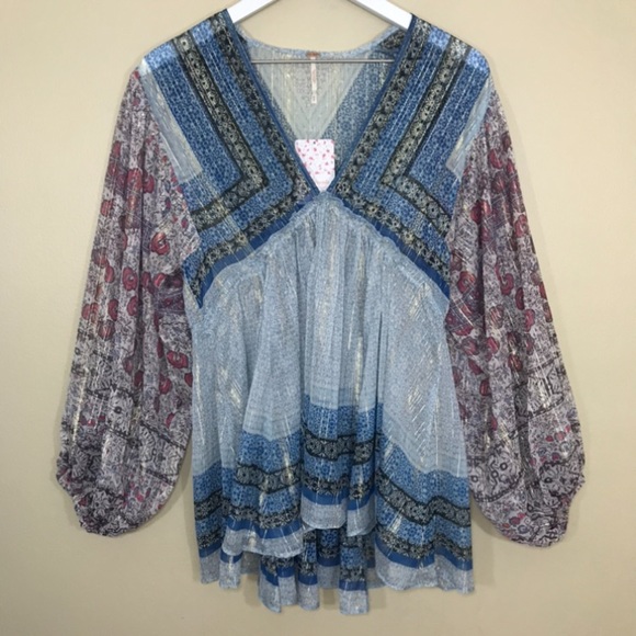Free People Peasant Tunic Long Sleeve Sheer Top Chic Boho Printed V-neck Overlay - Picture 6 of 16
